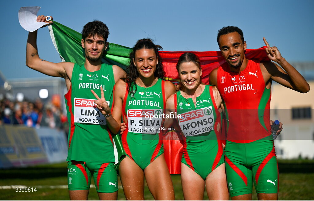 14 December 2025; The Portugal team, from left, Rodrigo Lima, Patricia Silva, Salomé Afonso and Isaac Nader, after the mixed relay race at the 2025 SPAR European Cross Country Championships in Lagoa, Portugal. Photo by Sam Barnes/Sportsfile