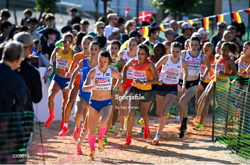 14 December 2025; Tereza Hrochová of Czech Republic during the senior women's race at the 2025 SPAR European Cross Country Championships in Lagoa, Portugal. Photo by Sam Barnes/Sportsfile