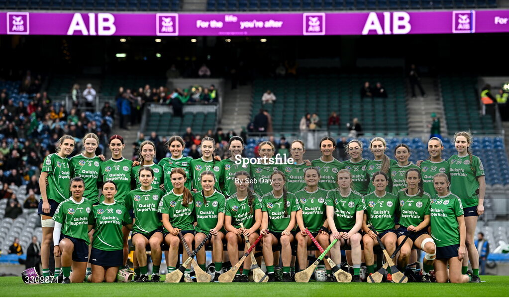14 December 2025; The Ballincollig panel before the AIB All-Ireland Camogie Intermediate Club Championship final match between Ballincollig of Cork and Camross of Laois at Croke Park in Dublin. Photo by Seb Daly/Sportsfile