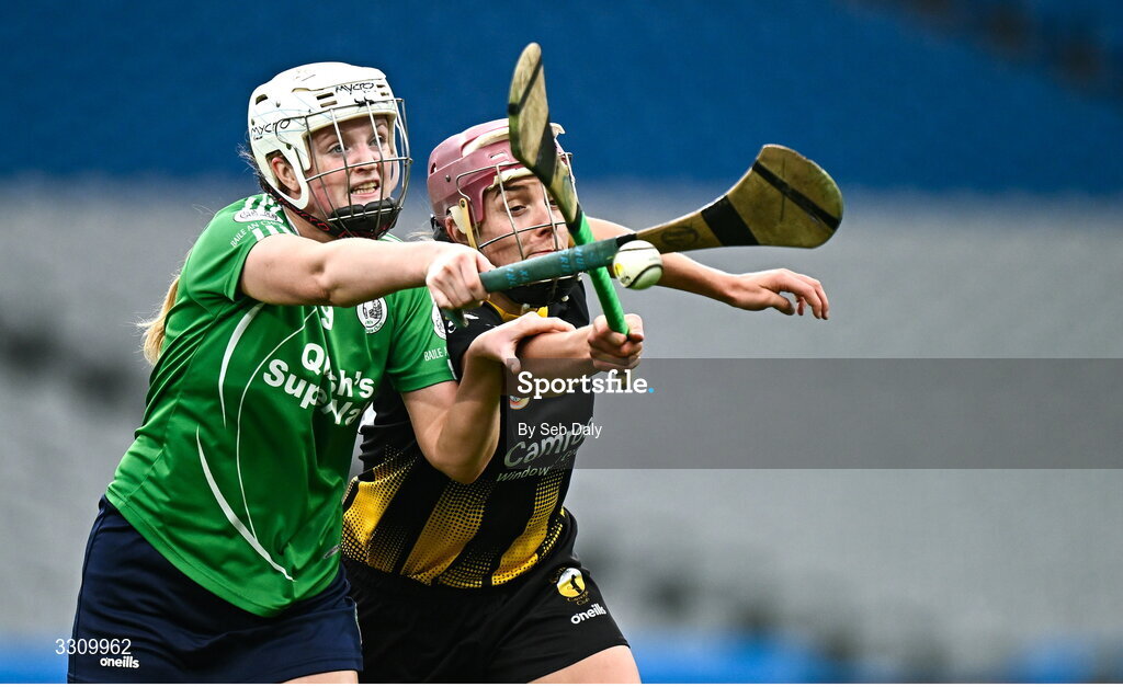 14 December 2025; Susanna Healy of Ballincollig in action against Sarah-Anne Fitzgerald of Camross during the AIB All-Ireland Camogie Intermediate Club Championship final match between Ballincollig of Cork and Camross of Laois at Croke Park in Dublin. Photo by Seb Daly/Sportsfile
