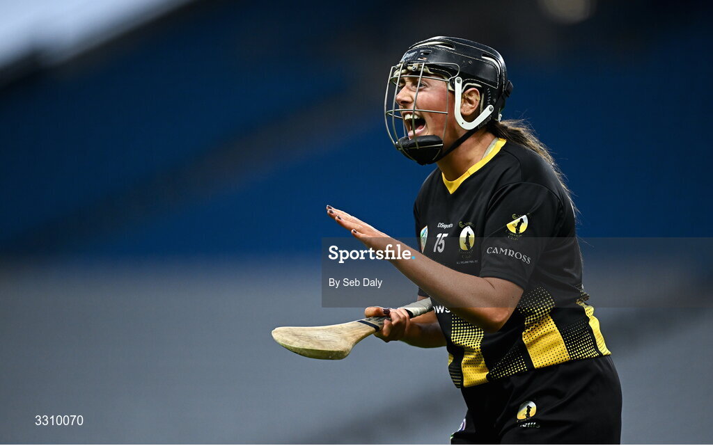 14 December 2025; Kirsten Keenan of Camross celebrates during the AIB All-Ireland Camogie Intermediate Club Championship final match between Ballincollig of Cork and Camross of Laois at Croke Park in Dublin. Photo by Seb Daly/Sportsfile