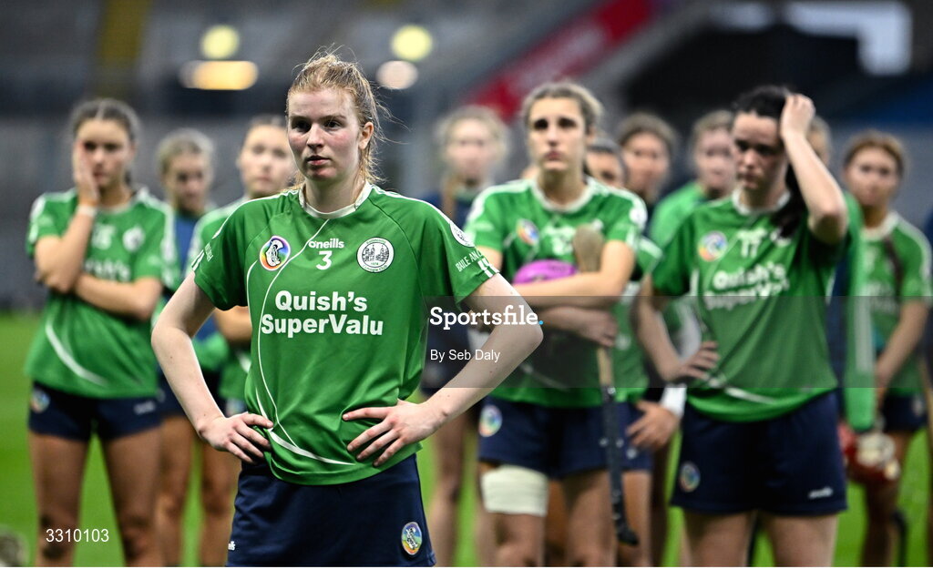 14 December 2025; Miriam Healy of Ballincollig and teammates after their side's defeat in the AIB All-Ireland Camogie Intermediate Club Championship final match between Ballincollig of Cork and Camross of Laois at Croke Park in Dublin. Photo by Seb Daly/Sportsfile