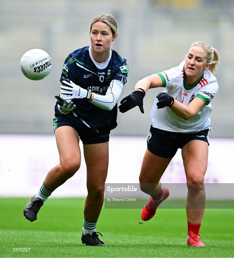13 December 2025; Rosa Bleahene of Caltra Cuans in action against Sarah McCabe of Knockbride during the AIB All-Ireland Ladies Football Club Intermediate Club Championship final match between Knockbride of Cavan and Caltra Cuans of Galway at Croke Park in Dublin. Photo by Shauna Clinton/Sportsfile