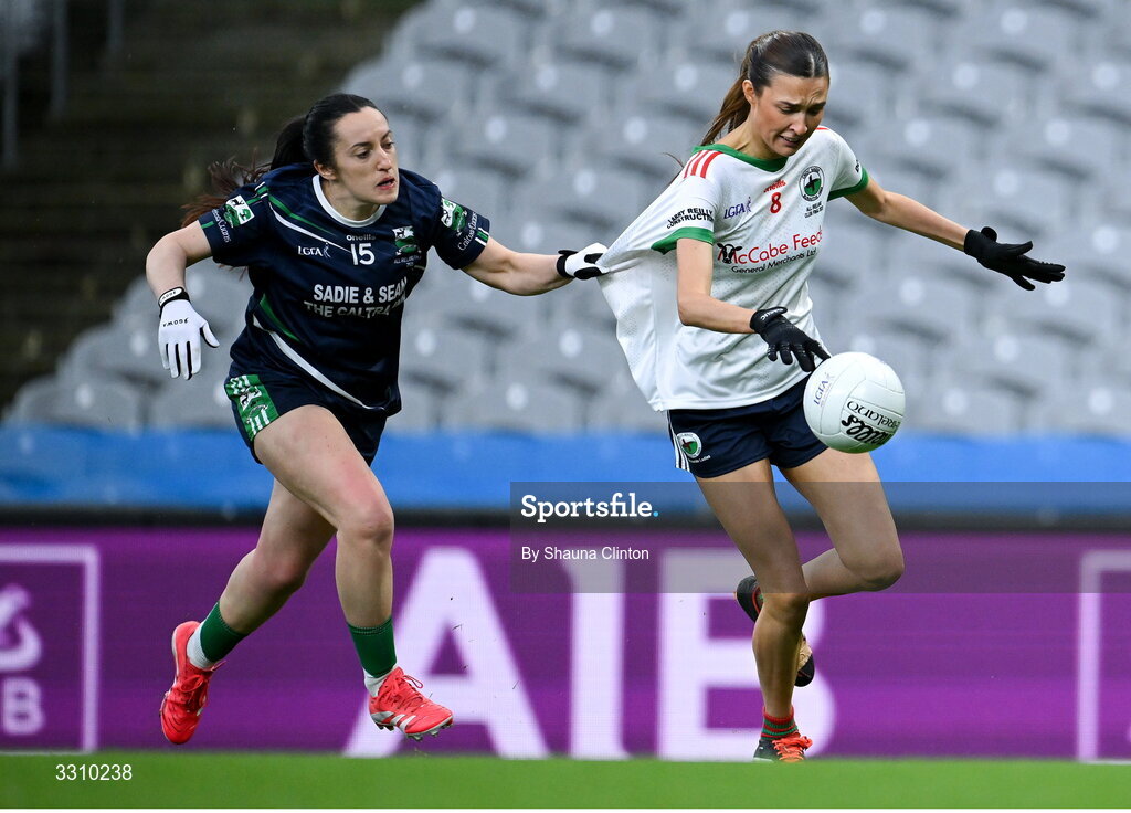 13 December 2025; Tara Rogers of Knockbride in action against Laura Naughton of Caltra Cuans during the AIB All-Ireland Ladies Football Club Intermediate Club Championship final match between Knockbride of Cavan and Caltra Cuans of Galway at Croke Park in Dublin. Photo by Shauna Clinton/Sportsfile