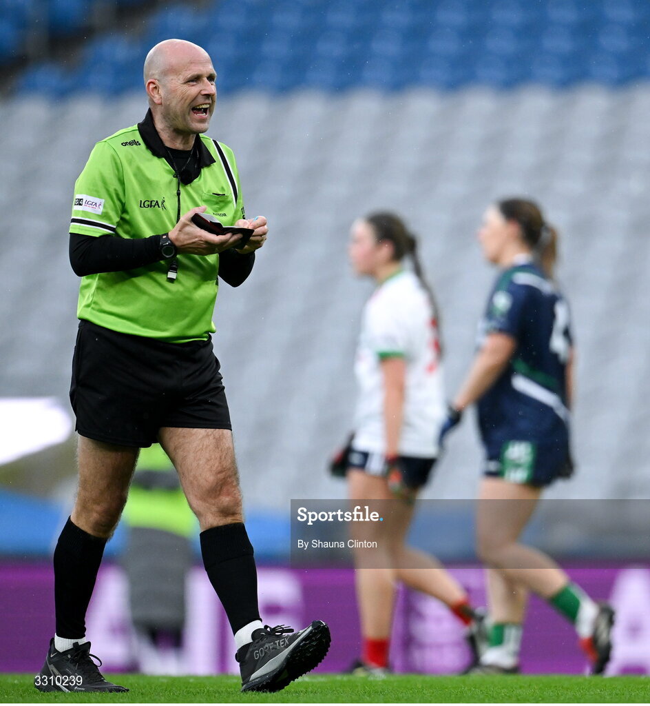 13 December 2025; Referee Kevin Phelan during the AIB All-Ireland Ladies Football Club Intermediate Club Championship final match between Knockbride of Cavan and Caltra Cuans of Galway at Croke Park in Dublin. Photo by Shauna Clinton/Sportsfile