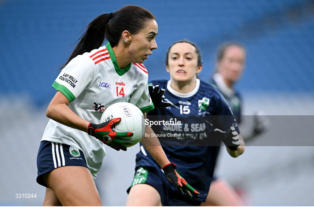 13 December 2025; Katie Rogers of Knockbride in action against Laura Naughton of Caltra Cuans during the AIB All-Ireland Ladies Football Club Intermediate Club Championship final match between Knockbride of Cavan and Caltra Cuans of Galway at Croke Park in Dublin. Photo by Shauna Clinton/Sportsfile