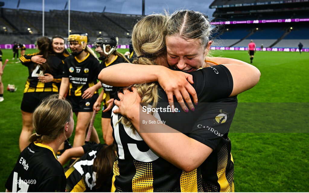 14 December 2025; Camross players Ella Cuddy, right, and Aoife Daly celebrate after their side's victory in the AIB All-Ireland Camogie Intermediate Club Championship final match between Ballincollig of Cork and Camross of Laois at Croke Park in Dublin. Photo by Seb Daly/Sportsfile