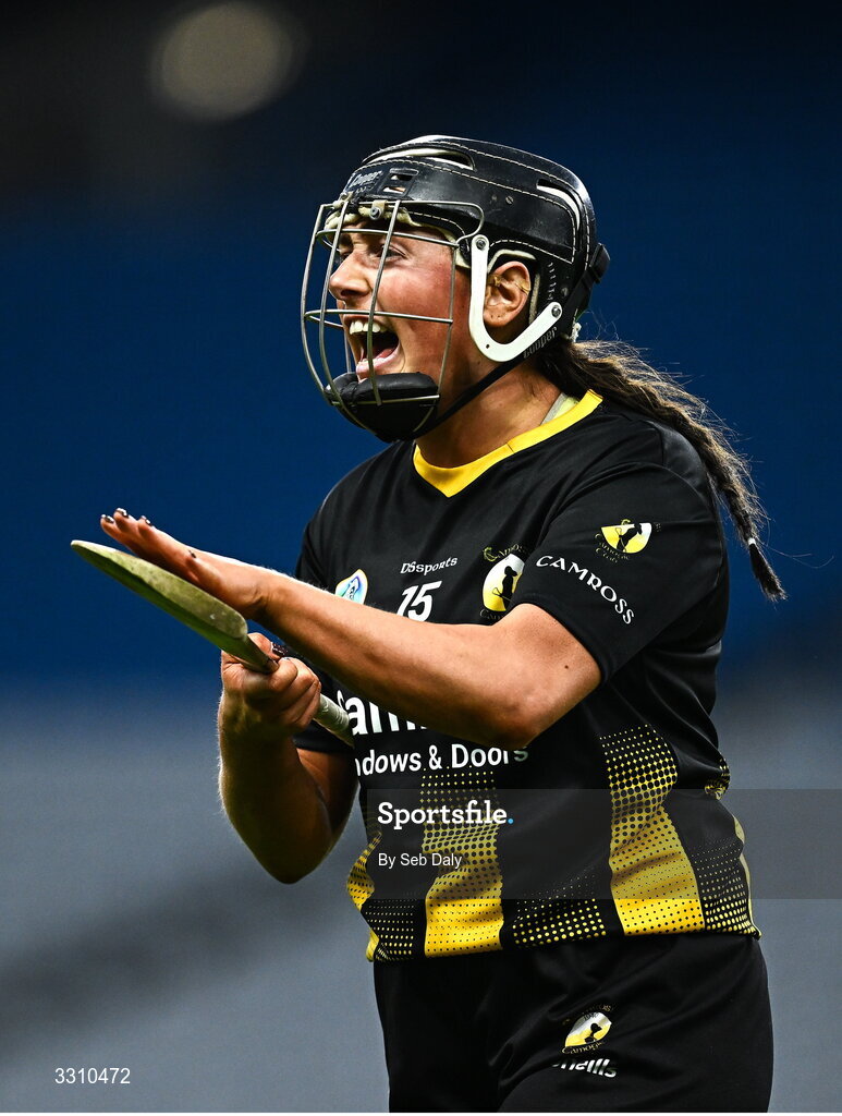 14 December 2025; Kirsten Keenan of Camross celebrates during the AIB All-Ireland Camogie Intermediate Club Championship final match between Ballincollig of Cork and Camross of Laois at Croke Park in Dublin. Photo by Seb Daly/Sportsfile