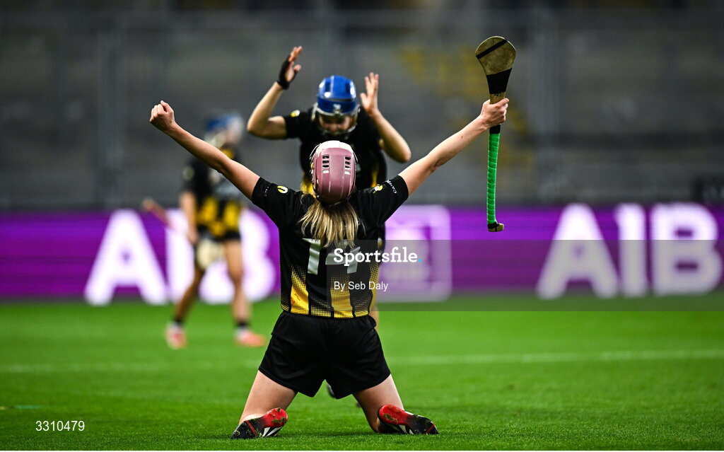 14 December 2025; Sarah-Anne Fitzgerald of Camross celebrates at the final whistle after the AIB All-Ireland Camogie Intermediate Club Championship final match between Ballincollig of Cork and Camross of Laois at Croke Park in Dublin. Photo by Seb Daly/Sportsfile