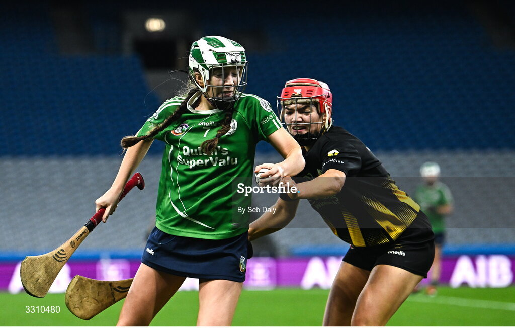 14 December 2025; Ella Cuddy of Camross in action against Gráinne Delaney of Camross during the AIB All-Ireland Camogie Intermediate Club Championship final match between Ballincollig of Cork and Camross of Laois at Croke Park in Dublin. Photo by Seb Daly/Sportsfile
