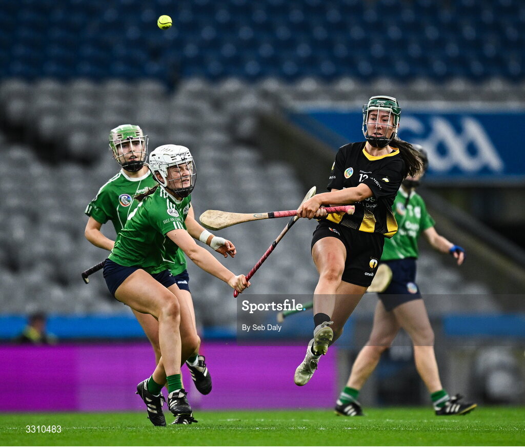 14 December 2025; Andrea Scully of Camross in action against Ailish Scanlon of Ballincollig during the AIB All-Ireland Camogie Intermediate Club Championship final match between Ballincollig of Cork and Camross of Laois at Croke Park in Dublin. Photo by Seb Daly/Sportsfile