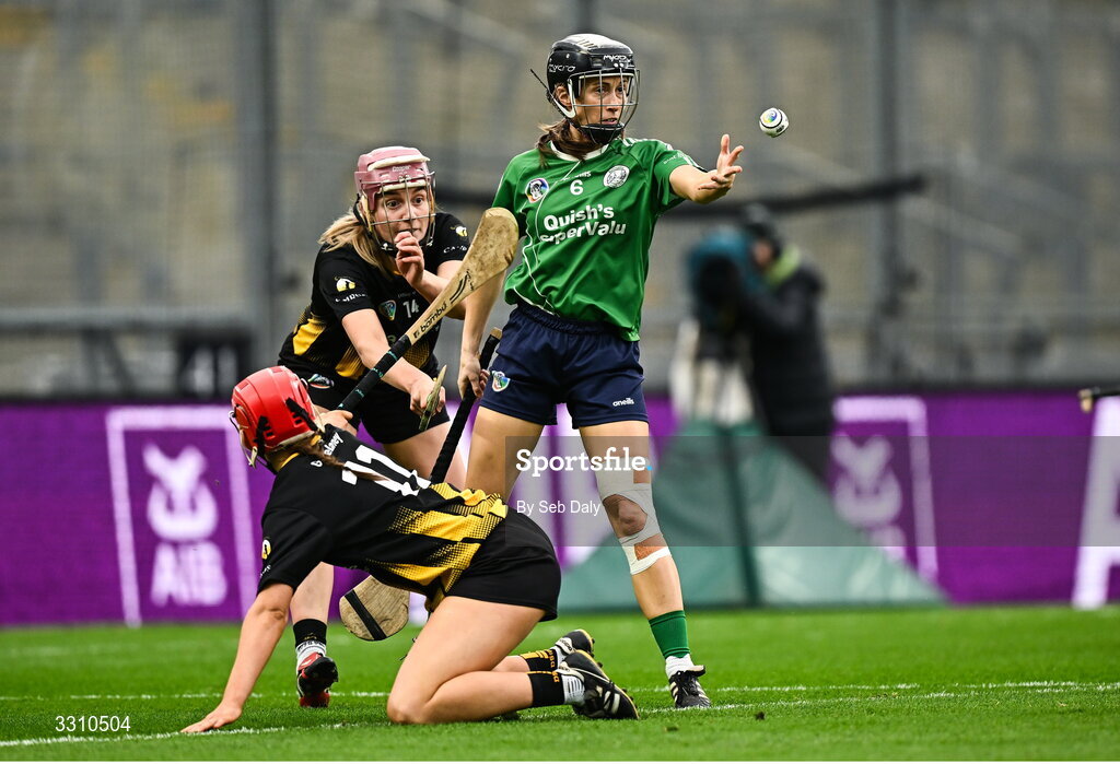 14 December 2025; Leah Weste of Ballincollig in action against Camross players Gráinne Delaney, front, and Sarah-Anne Fitzgerald during the AIB All-Ireland Camogie Intermediate Club Championship final match between Ballincollig of Cork and Camross of Laois at Croke Park in Dublin. Photo by Seb Daly/Sportsfile