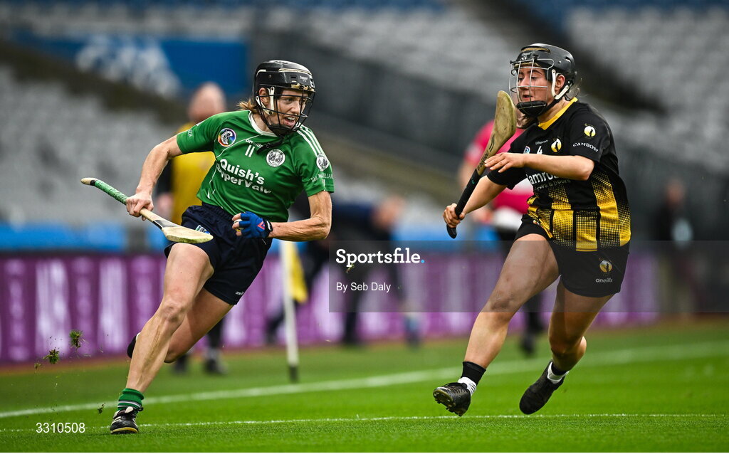 14 December 2025; Linda Dorgan of Ballincollig in action against Fiona Scully of Camross during the AIB All-Ireland Camogie Intermediate Club Championship final match between Ballincollig of Cork and Camross of Laois at Croke Park in Dublin. Photo by Seb Daly/Sportsfile
