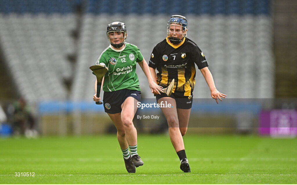 14 December 2025; Olivia O’Leary of Ballincollig in action against Ella Cuddy of Camross during the AIB All-Ireland Camogie Intermediate Club Championship final match between Ballincollig of Cork and Camross of Laois at Croke Park in Dublin. Photo by Seb Daly/Sportsfile