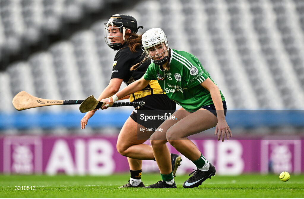 14 December 2025; Tara Goulding of Ballincollig in action against Fiona Scully of Camross during the AIB All-Ireland Camogie Intermediate Club Championship final match between Ballincollig of Cork and Camross of Laois at Croke Park in Dublin. Photo by Seb Daly/Sportsfile