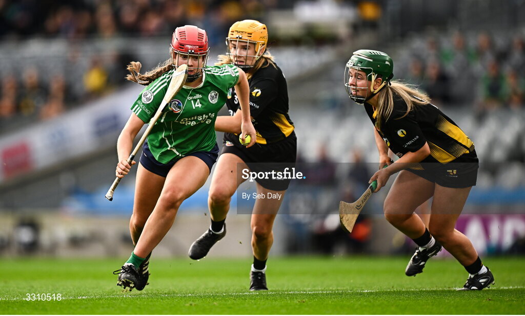 14 December 2025; Tara Goulding of Ballincollig in action against Aisling Burke of Camross during the AIB All-Ireland Camogie Intermediate Club Championship final match between Ballincollig of Cork and Camross of Laois at Croke Park in Dublin. Photo by Seb Daly/Sportsfile
