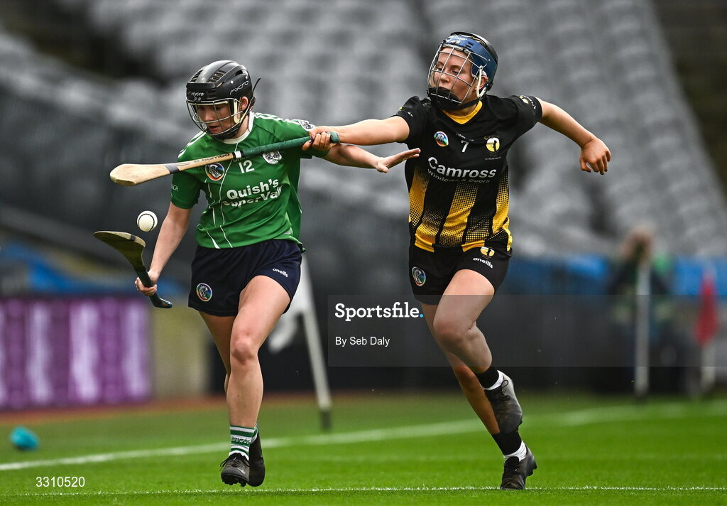 14 December 2025; Olivia O’Leary of Ballincollig in action against Ella Cuddy of Camross during the AIB All-Ireland Camogie Intermediate Club Championship final match between Ballincollig of Cork and Camross of Laois at Croke Park in Dublin. Photo by Seb Daly/Sportsfile