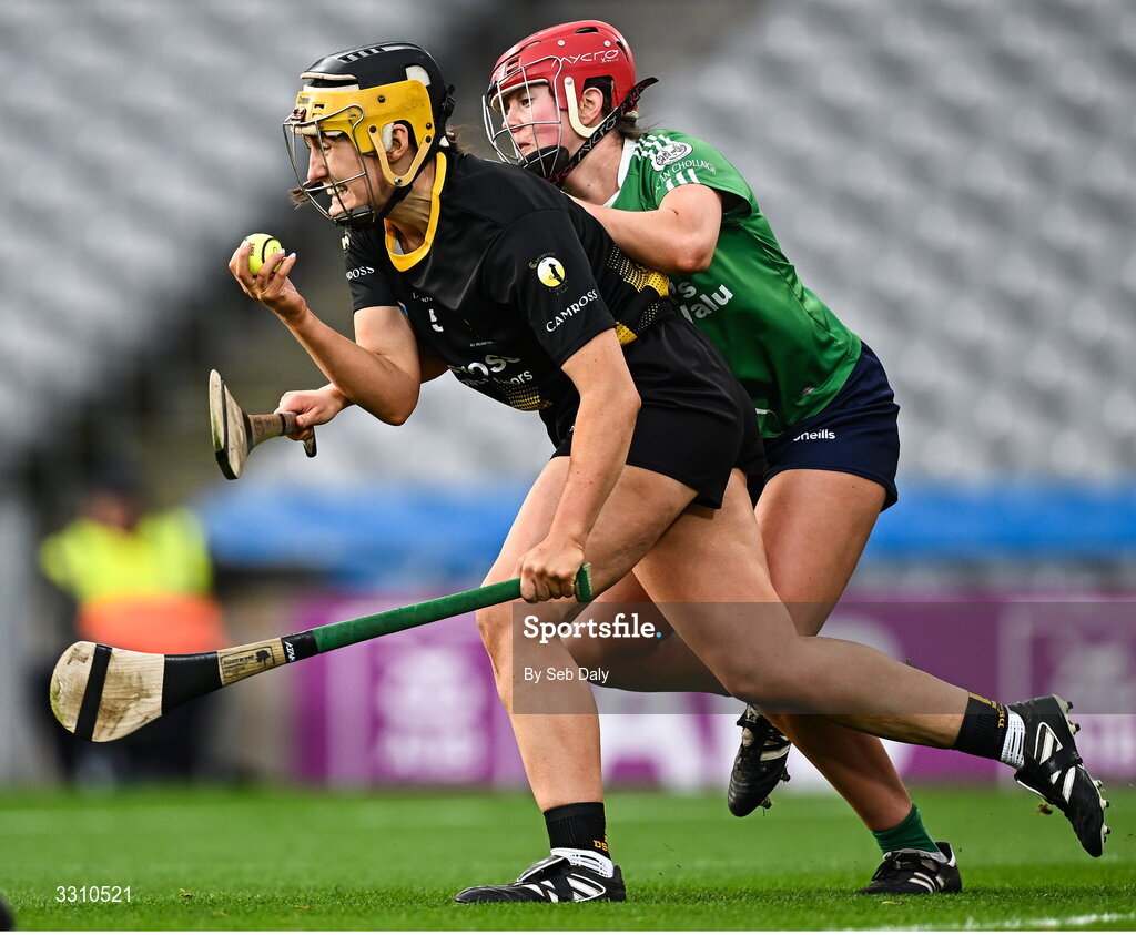 14 December 2025; Aoife Collier of Camross in action against Tara Goulding of Ballincollig during the AIB All-Ireland Camogie Intermediate Club Championship final match between Ballincollig of Cork and Camross of Laois at Croke Park in Dublin. Photo by Seb Daly/Sportsfile