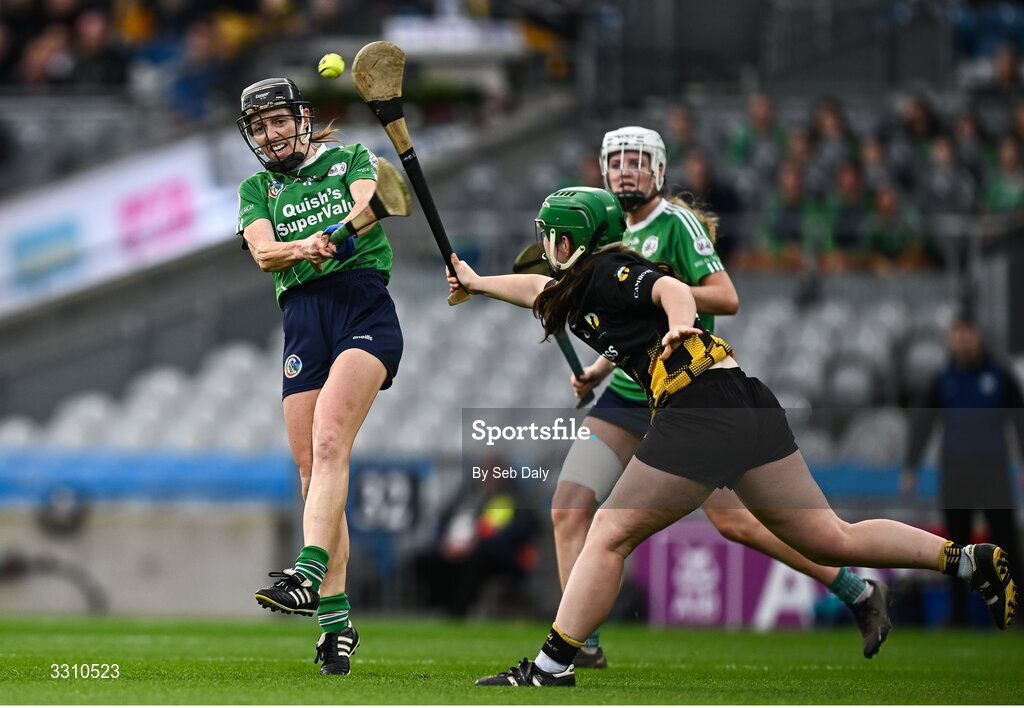 14 December 2025; Linda Dorgan of Ballincollig in action against Luisne Delaney of Camross during the AIB All-Ireland Camogie Intermediate Club Championship final match between Ballincollig of Cork and Camross of Laois at Croke Park in Dublin. Photo by Seb Daly/Sportsfile