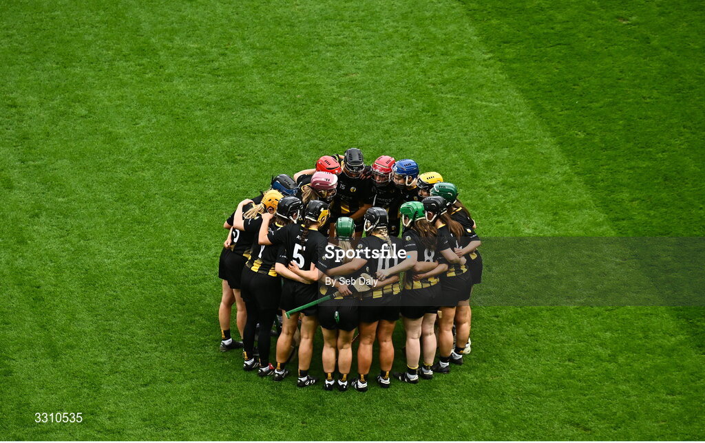 14 December 2025; Camross players before the AIB All-Ireland Camogie Intermediate Club Championship final match between Ballincollig of Cork and Camross of Laois at Croke Park in Dublin. Photo by Seb Daly/Sportsfile