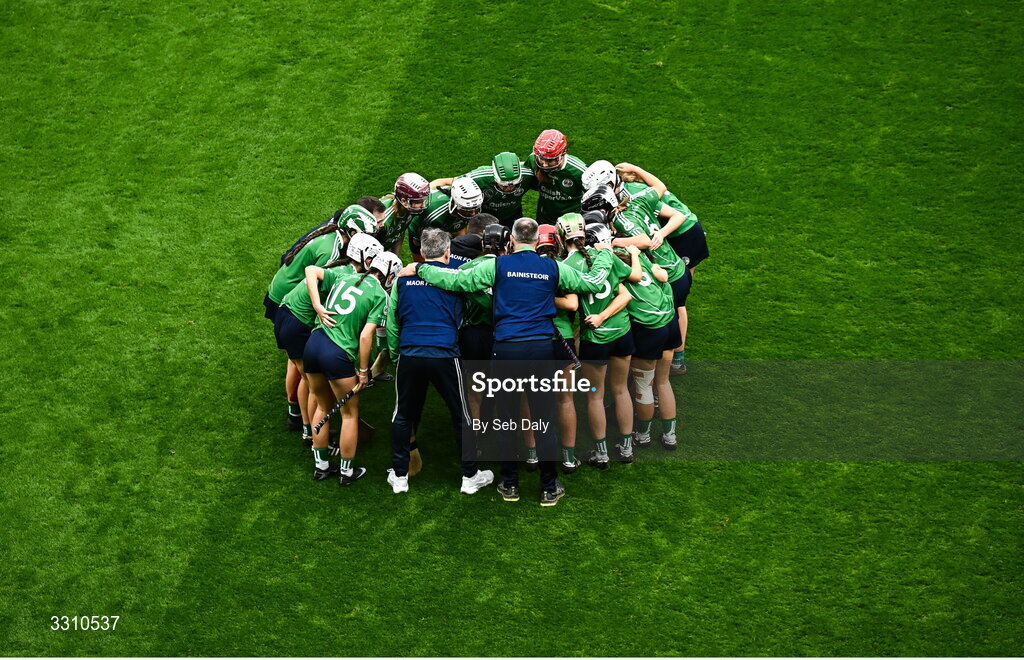 14 December 2025; Ballincollig players before the AIB All-Ireland Camogie Intermediate Club Championship final match between Ballincollig of Cork and Camross of Laois at Croke Park in Dublin. Photo by Seb Daly/Sportsfile