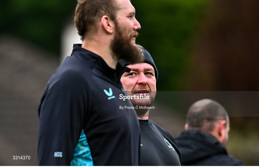 29 December 2025; Tadhg Furlong and RG Snyman, left, during Leinster Rugby squad training at Rosemount in UCD, Dublin. Photo by Piaras Ó Mídheach/Sportsfile
