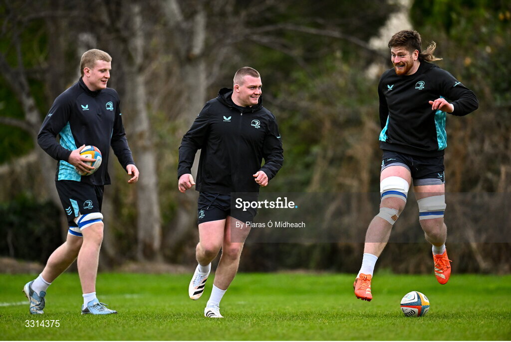 29 December 2025; Players, from left, Conor O'Tighearnaigh, Jack Boyle and Joe McCarthy during Leinster Rugby squad training at Rosemount in UCD, Dublin. Photo by Piaras Ó Mídheach/Sportsfile