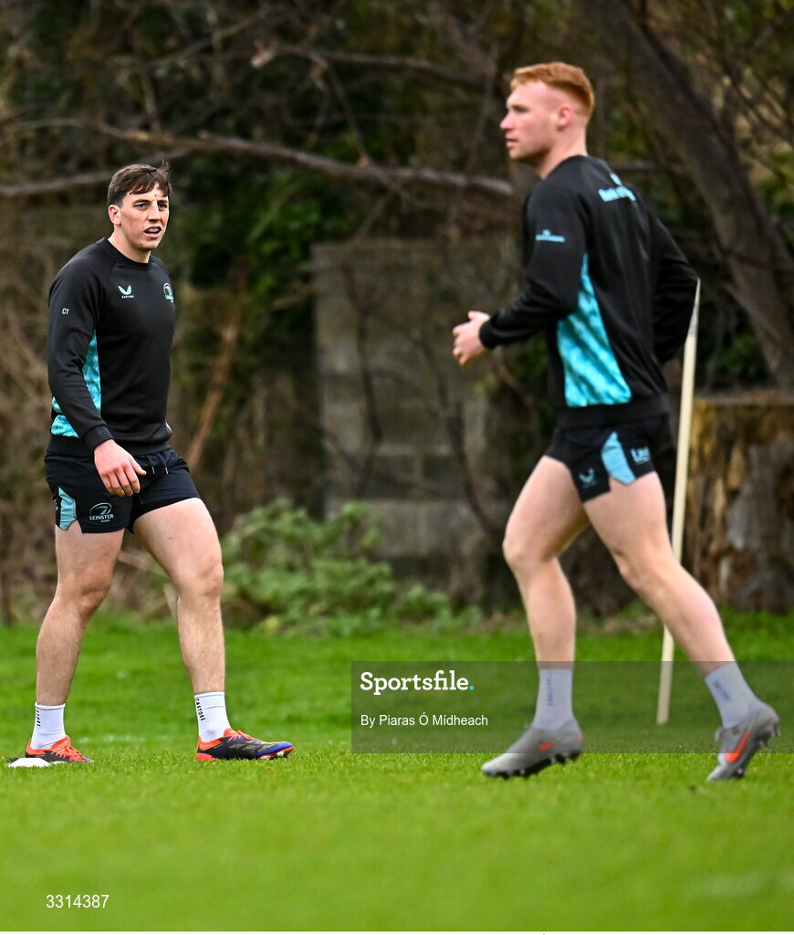 29 December 2025; Charlie Tector, left, and Ciarán Frawley during Leinster Rugby squad training at Rosemount in UCD, Dublin. Photo by Piaras Ó Mídheach/Sportsfile