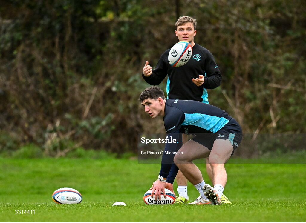 29 December 2025; Cormac Foley and Fintan Gunne, behind, during Leinster Rugby squad training at Rosemount in UCD, Dublin. Photo by Piaras Ó Mídheach/Sportsfile