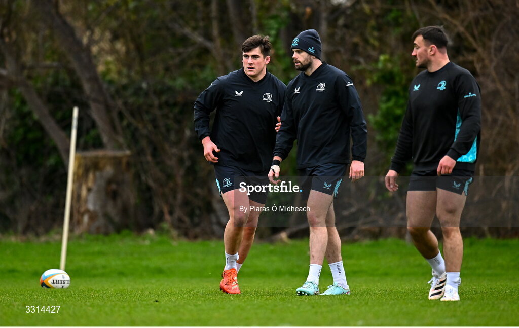29 December 2025; Players, from left, Dan Sheehan, Harry Byrne and Rónan Kelleher during Leinster Rugby squad training at Rosemount in UCD, Dublin. Photo by Piaras Ó Mídheach/Sportsfile
