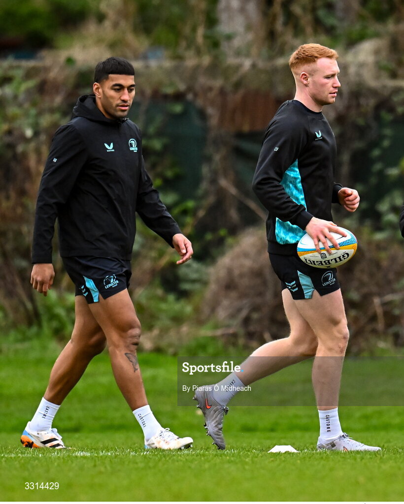 29 December 2025; Ciarán Frawley, right, and Rieko Ioane during Leinster Rugby squad training at Rosemount in UCD, Dublin. Photo by Piaras Ó Mídheach/Sportsfile