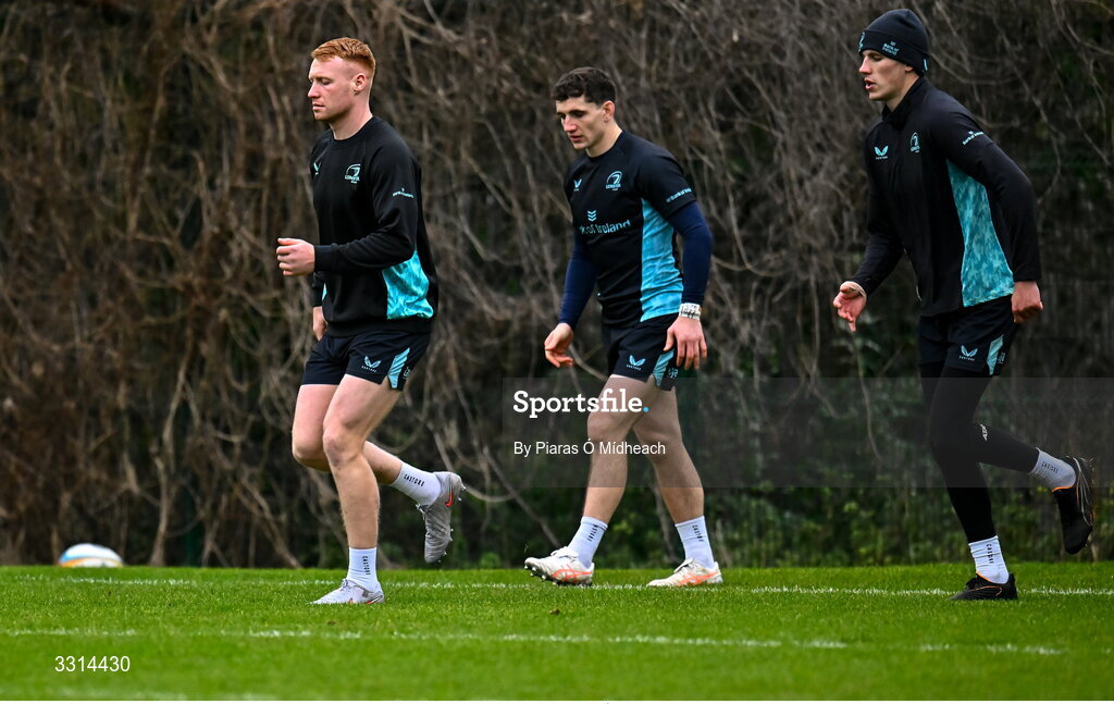 29 December 2025; Players, from left, Ciarán Frawley, Cormac Foley and Sam Prendergast during Leinster Rugby squad training at Rosemount in UCD, Dublin. Photo by Piaras Ó Mídheach/Sportsfile