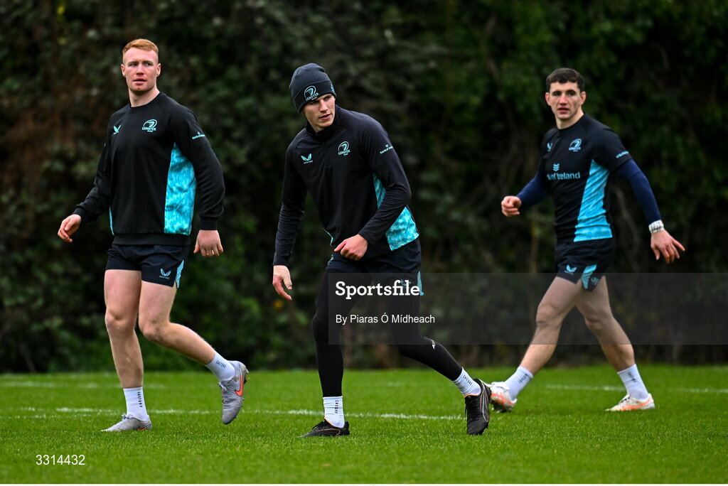 29 December 2025; Players, from left, Ciarán Frawley, Sam Prendergast and Cormac Foley during Leinster Rugby squad training at Rosemount in UCD, Dublin. Photo by Piaras Ó Mídheach/Sportsfile