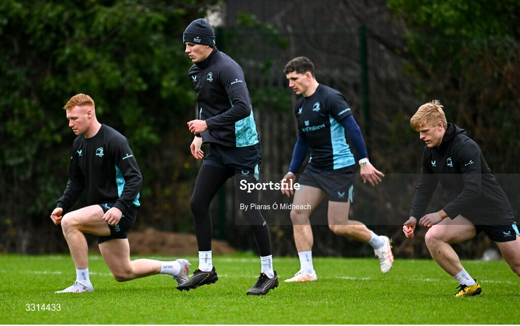 29 December 2025; Players, from left, Ciarán Frawley, Cormac Foley Sam Prendergast and Tommy O'Brien during Leinster Rugby squad training at Rosemount in UCD, Dublin. Photo by Piaras Ó Mídheach/Sportsfile