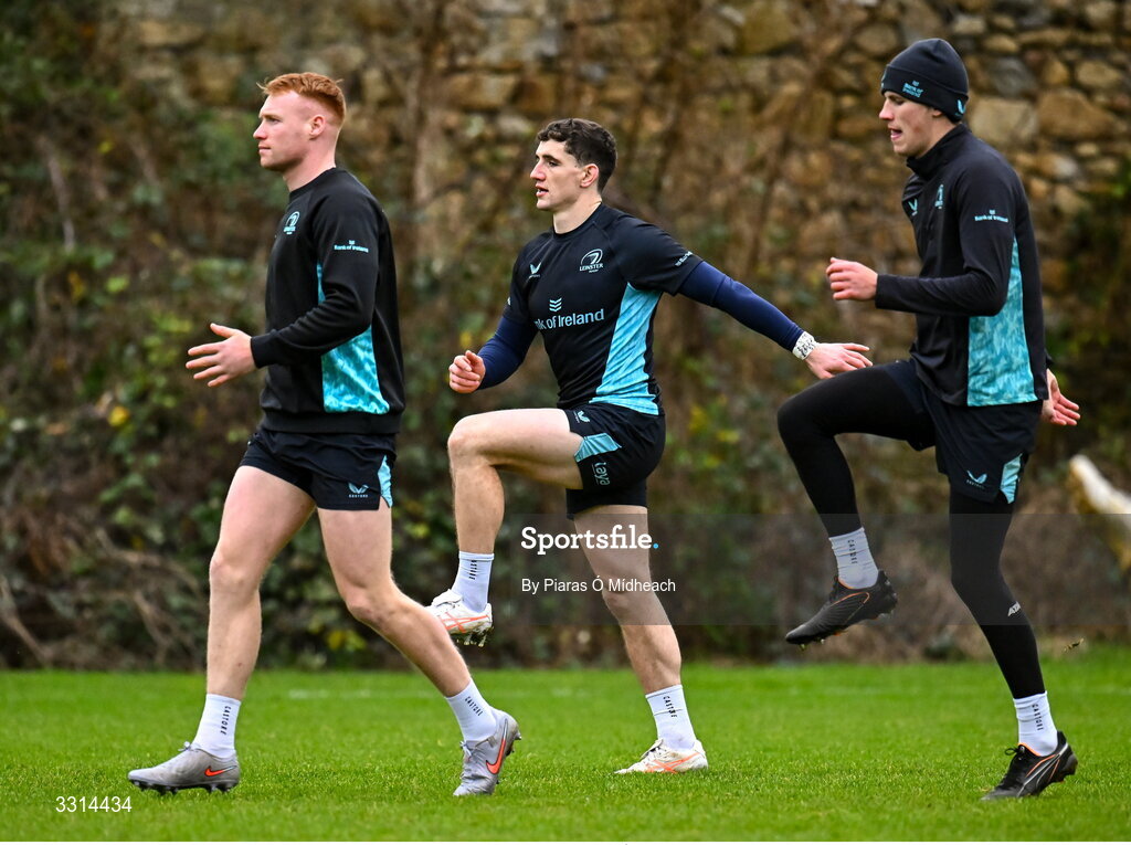 29 December 2025; Players, from left, Ciarán Frawley, Cormac Foley and Sam Prendergast during Leinster Rugby squad training at Rosemount in UCD, Dublin. Photo by Piaras Ó Mídheach/Sportsfile