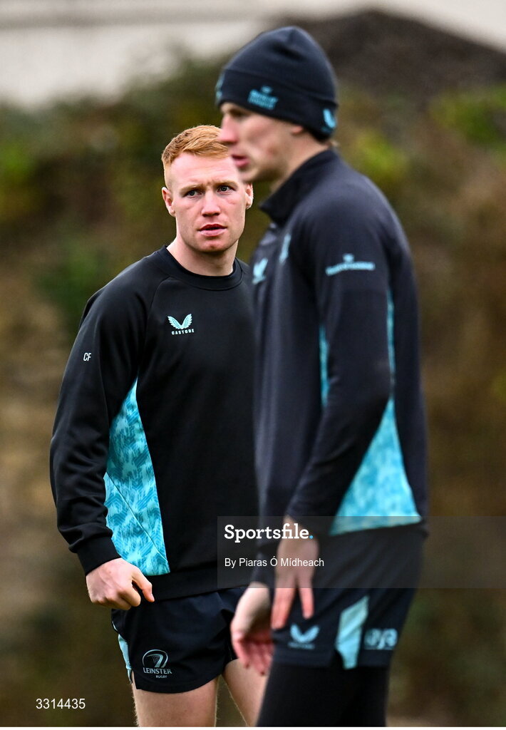 29 December 2025; Ciarán Frawley, left, and Sam Prendergast of Leinster during Leinster Rugby squad training at Rosemount in UCD, Dublin. Photo by Piaras Ó Mídheach/Sportsfile