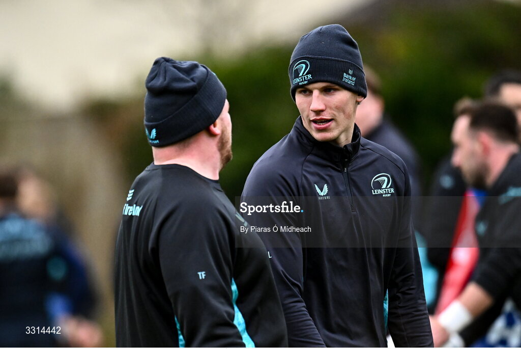 29 December 2025; Sam Prendergast, right, and Tadhg Furlong during Leinster Rugby squad training at Rosemount in UCD, Dublin. Photo by Piaras Ó Mídheach/Sportsfile