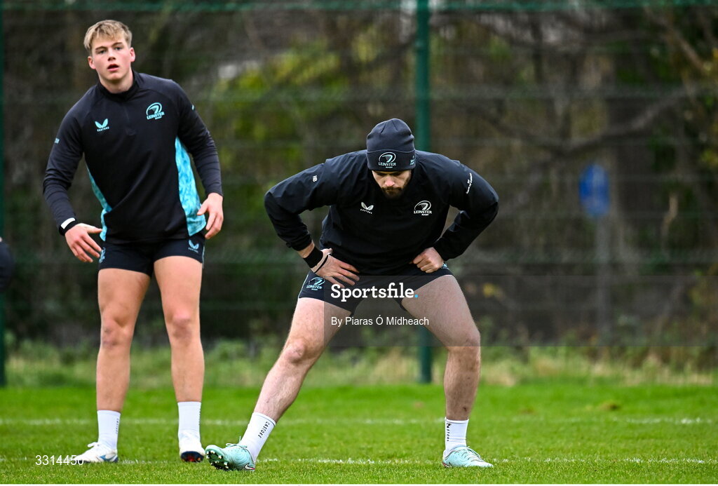 29 December 2025; Harry Byrne, right, and Ciarán Mangan during Leinster Rugby squad training at Rosemount in UCD, Dublin. Photo by Piaras Ó Mídheach/Sportsfile