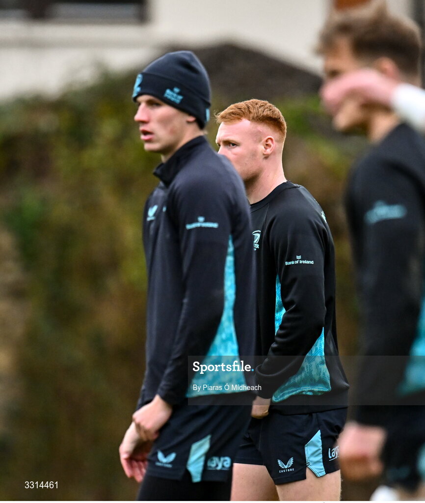 29 December 2025; Ciarán Frawley, right, and Sam Prendergast during Leinster Rugby squad training at Rosemount in UCD, Dublin. Photo by Piaras Ó Mídheach/Sportsfile