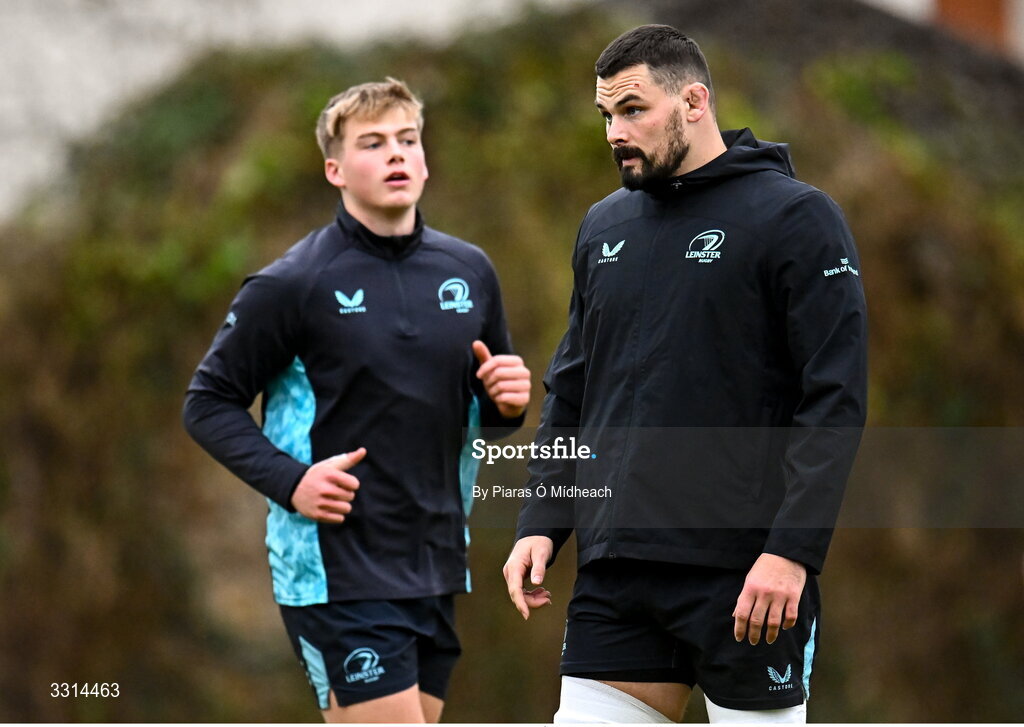 29 December 2025; Max Deegan, right, and Ciarán Mangan during Leinster Rugby squad training at Rosemount in UCD, Dublin. Photo by Piaras Ó Mídheach/Sportsfile