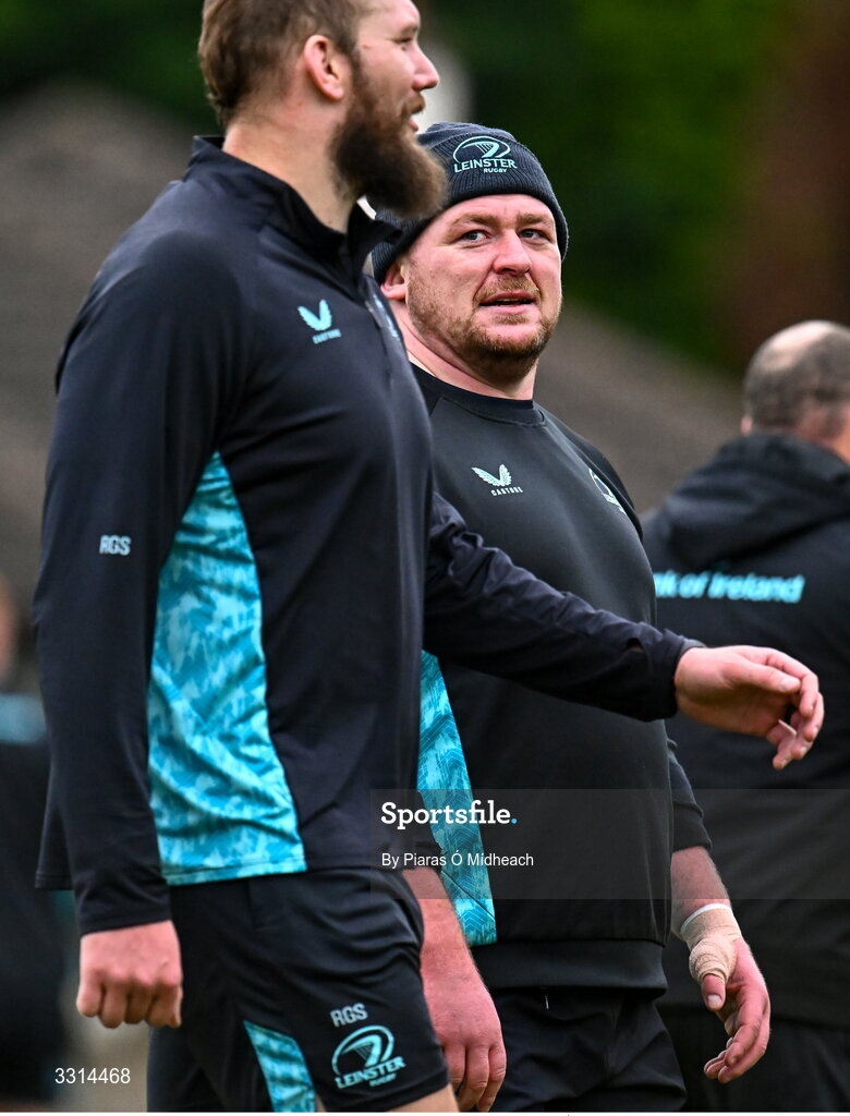 29 December 2025; Tadhg Furlong and RG Snyman, left, during Leinster Rugby squad training at Rosemount in UCD, Dublin. Photo by Piaras Ó Mídheach/Sportsfile
