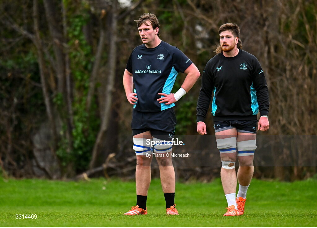 29 December 2025; Alan Spicer, left, and Joe McCarthy during Leinster Rugby squad training at Rosemount in UCD, Dublin. Photo by Piaras Ó Mídheach/Sportsfile