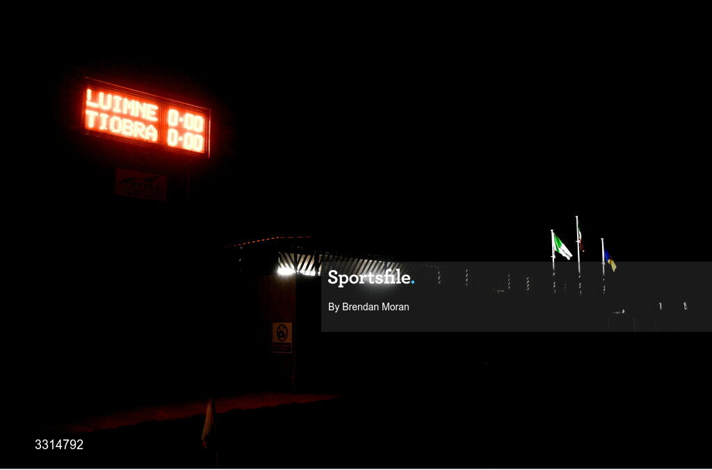 2 January 2026; A general view of the scoreboard and flags flying in the breeze before the McGrath Cup match between Limerick and Tipperary at Mick Neville Park in Rathkeale, Limerick. Photo by Brendan Moran/Sportsfile