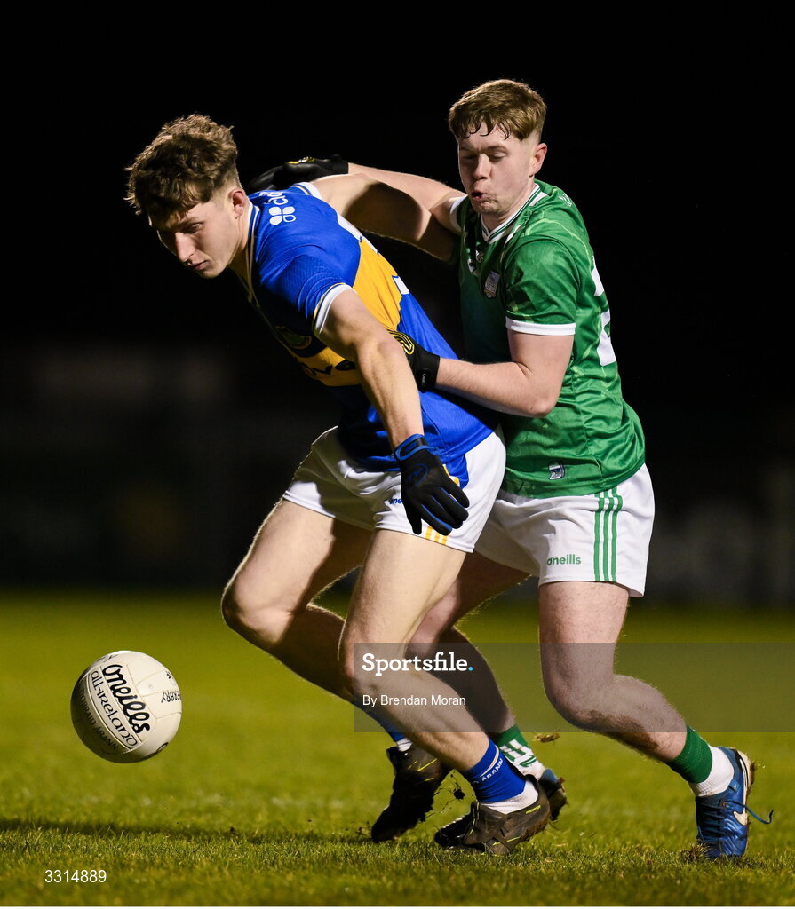 2 January 2026; Eoin O’Connell of Tipperary in action against Fintain McNamara of Limerick during the McGrath Cup match between Limerick and Tipperary at Mick Neville Park in Rathkeale, Limerick. Photo by Brendan Moran/Sportsfile