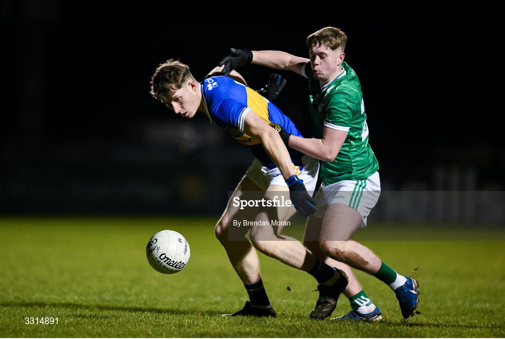 2 January 2026; Eoin O’Connell of Tipperary holds off the challenge of Fintain McNamara of Limerick during the McGrath Cup match between Limerick and Tipperary at Mick Neville Park in Rathkeale, Limerick. Photo by Brendan Moran/Sportsfile