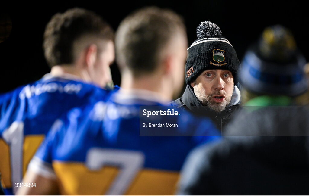 2 January 2026; Tipperary manager Niall Fitzgerald speaks to his players before the McGrath Cup match between Limerick and Tipperary at Mick Neville Park in Rathkeale, Limerick. Photo by Brendan Moran/Sportsfile