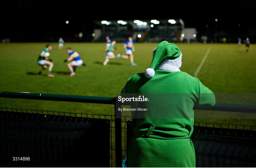 2 January 2026; Limerick supporter Pat Carroll, from Croom in Limerick, wearing a green Santa Claus outfit to keep warm, during the McGrath Cup match between Limerick and Tipperary at Mick Neville Park in Rathkeale, Limerick. Photo by Brendan Moran/Sportsfile