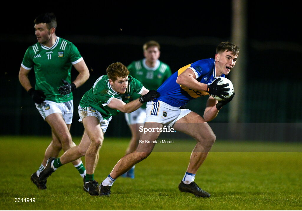2 January 2026; James Morris of Tipperary is tackled by Shane Cross of Limerick during the McGrath Cup match between Limerick and Tipperary at Mick Neville Park in Rathkeale, Limerick. Photo by Brendan Moran/Sportsfile