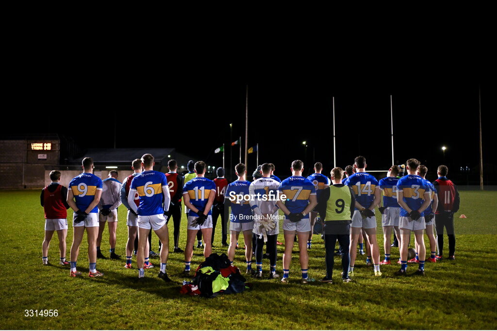 2 January 2026; The Tipperary team stand for Amhrán na bhFiann before the McGrath Cup match between Limerick and Tipperary at Mick Neville Park in Rathkeale, Limerick. Photo by Brendan Moran/Sportsfile