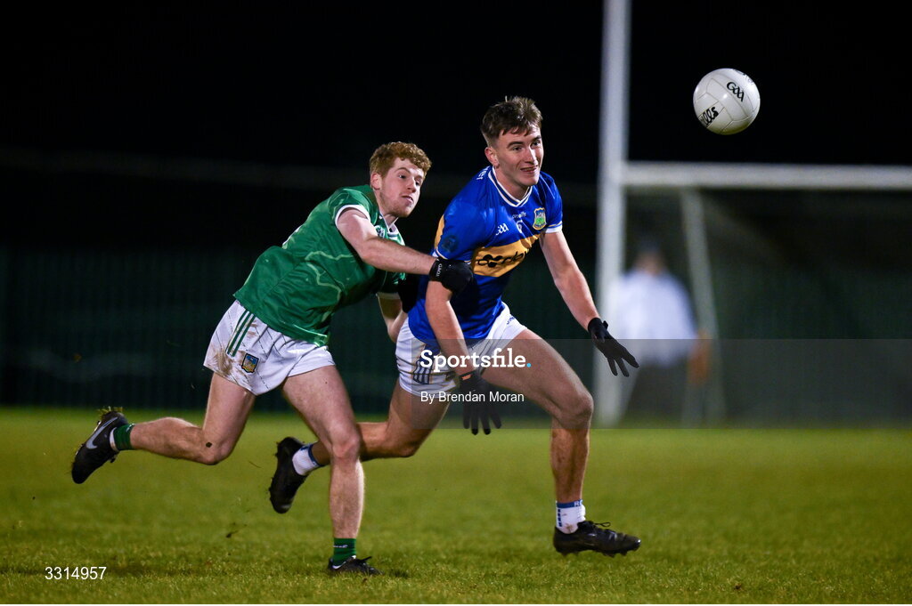2 January 2026; James Morris of Tipperary in action against Shane Cross of Limerick during the McGrath Cup match between Limerick and Tipperary at Mick Neville Park in Rathkeale, Limerick. Photo by Brendan Moran/Sportsfile
